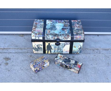 A collection of items decorated with a decoupage/ scraps finish to include a large trunk, a tin and a leather case (3). large