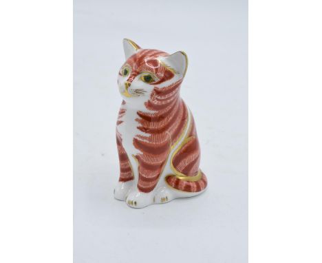 Royal Crown Derby paperweight in the form of a Sitting Ginger Kitten. 8cm tall.  First quality with gold stopper. In good con