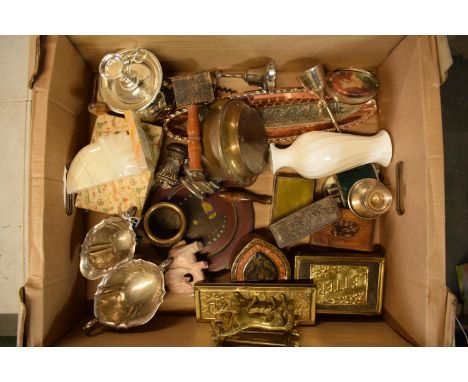 A mixed collection of items to include silver plate, a Wedgwood vase, table lighters, brass ware, vintage tins, letter racks 