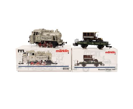   MÄRKLIN Tenderlok 85510 mit Museums-Wagen 1991, Spur 1,  Museumslok "Märklin Museum Göppingen", BR 80, grau-/silberfarben, 