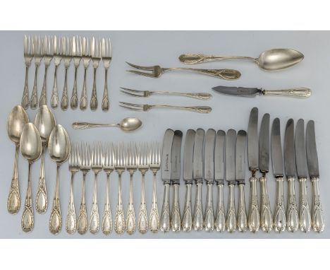 Jugendstilbesteck  Gebrüder Sauerland, Berlin 8 Gabeln, 6 Messer (teils besch.), 4 Löffel, 9 Kuchengabeln, Teelöffel, 8 Obstm