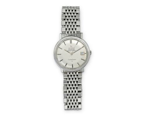 Omega-Constellation-Armbanduhr  Edelstahl. Automatik. 1960er Jahre. Rundes silberfarbenes Zifferblatt mit Datum an der 3. Zen