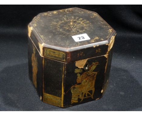      An Early 19th Century Oriental Lacquerwork Finish Tea Caddy Of Panelled Form, The Exterior Decorated With Gilt Oriental 