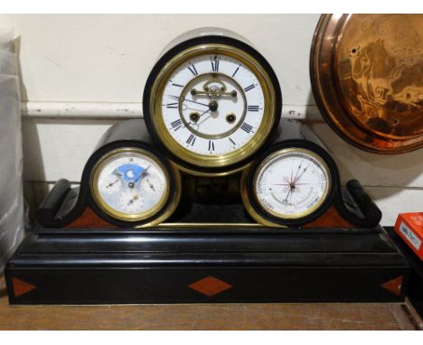     A Large Victorian Black Marble Encased Mantle Clock With Two Subsidiary Dials, One A Calendar Wheel The Other Barometer (