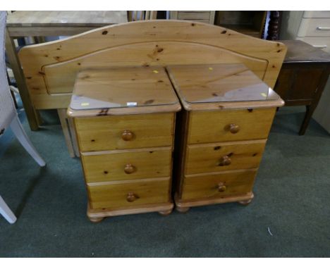 Pair of pine bedside chests and headboard 