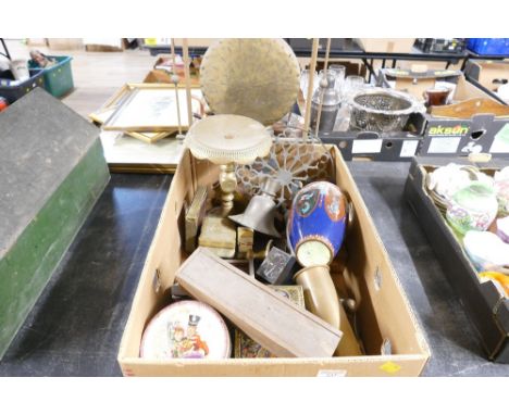 Brass gong and box of mixed brassware, cloisonne vase, tins, wooden Cribbage board, card games etc