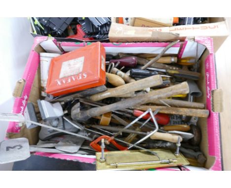 Box of hand tools, hammers, files, screwdrivers etc