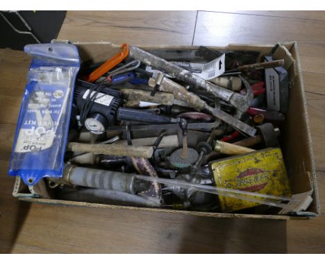 Box of tools, hammers, chisels, drill bits etc