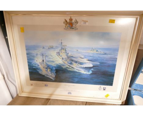 Framed print "South Atlantic Task Force" by Robert Taylor signed by Rear Admiral Woodward