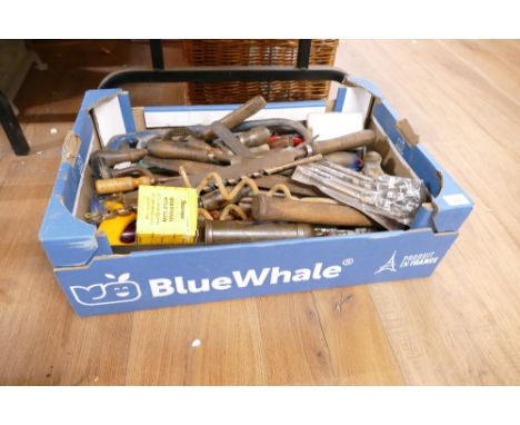 Box of hand tools, files, screwdrivers, hammers, clamps etc