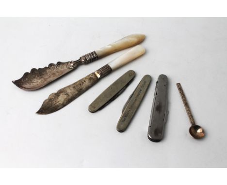 Two mother of pearl handled silver knives, small silver love spoon and three white metal penknives - one inscribed The North 