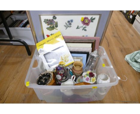 Tapestry pictures and box of ornaments, beads, glassware etc