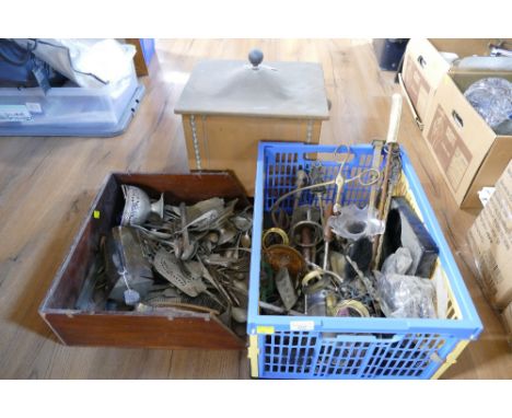 Brass coal or log bucket, two boxes of fireside tools, cutlery etc