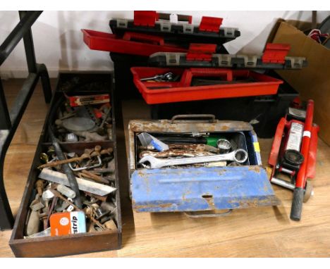 Trolley jack and four toolboxes of tools, drill bits accessories etc
