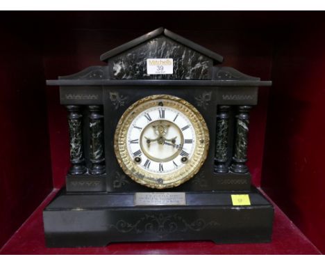 Slate mantle clock presented to T.B. Cowell By The Employees of The Scottish Granite Company 1902