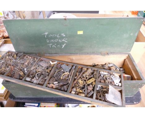 Wooden toolbox containing screws, hinges, drawer pulls, escutcheons etc
