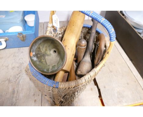 Wicker basket containing herb cutter, rolling pin, kitchen items etc