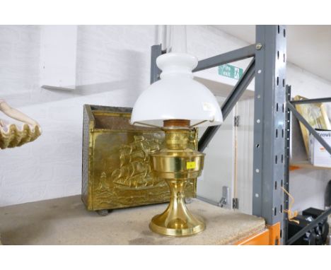 Brass Aladdin No. 23 oil lamp and brass magazine rack