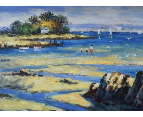 R BELLINGI oil on canvas - beach scene with three children, signed, 29 x 39cms