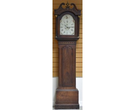 A WELSH COUNTRY LONGCASE CLOCK having a painted dial inscribed E.Evans - Newcastle (Newcastle Emlyn) with carved trunk and ho