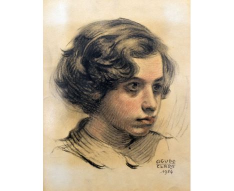 AGUDO CLARA a trio of charcoal and chalk drawings on brown paper - portraits of young ladies, signed and dated 1950 / 1954 an