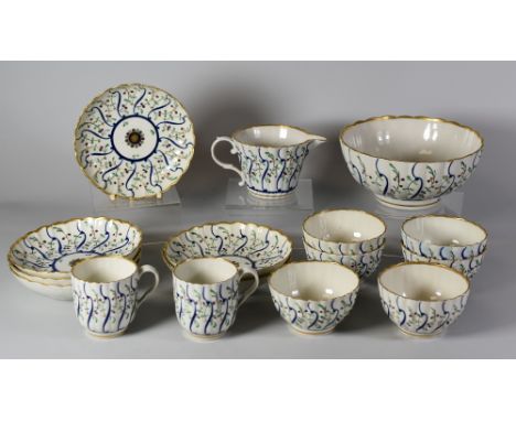 A RARE FLIGHT PERIOD WORCESTER PART TEA-SERVICE comprising footed sugar-basin, a cream-jug, six tea-bowls, pair of coffee-can