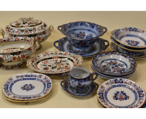 A COLLECTION OF IRONSTONE POTTERY ITEMS including two matching oval tureens (one with lid and stand) by Ashworths, a Copeland