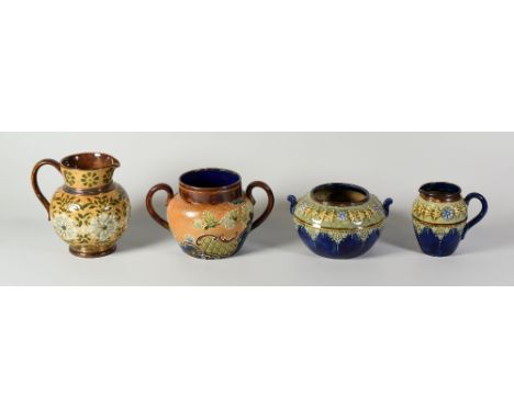 FOUR ITEMS OF DOULTON STONEWARE comprising matching Royal Doulton sucrier and jug, Doulton Lambeth floral jug and a Doulton &