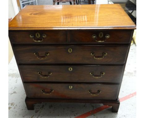 A GOOD NINETEENTH CENTURY CHEST of three long and two short drawers on bracket feet with brass fittings, 91cms wide