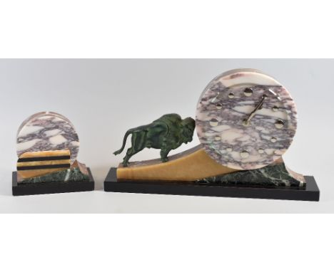 A MARBLE ART DECO MANTEL CLOCK & SIDE GARNITURE composed from various specimens of marble and having a mounted standing metal