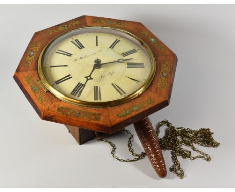 AN HEXAGONAL WEIGHT DRIVEN WALL CLOCK having brass and mother-of-pearl inlay to the rosewood case, with convex glass over the