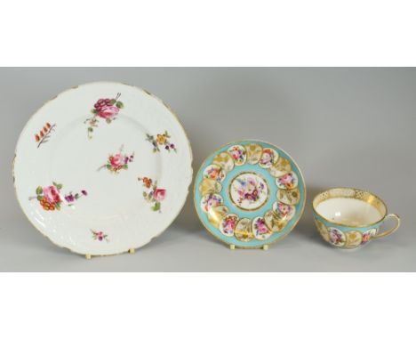 A PORCELAIN PLATE TOGETHER WITH CUP & SAUCER, the plate in the manner of Coalport with moulded border and painted flowers, th
