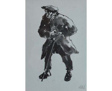 SIR KYFFIN WILLIAMS RA framed print, possibly from a greeting card - standing farmer, 19 x 13cms