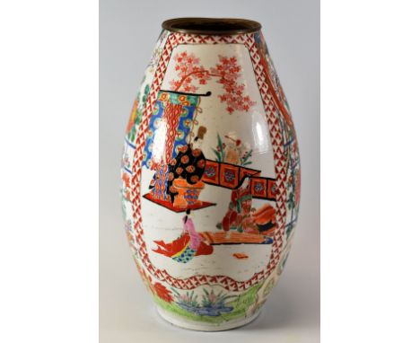 A JAPANESE ENAMELLED CERAMIC VASE decorated with two panels of climbing plants and two panels of court scenes, (reduced at ne