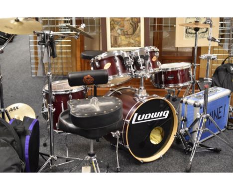 A LUDWIG SIX-PIECE DRUM KIT plus two others including carry cases together with a parcel of percussion equipment, foot pedals