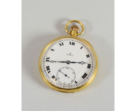AN 18CT YELLOW GOLD ROLEX OPEN FACE POCKET-WATCH having a plain case with keyless wind and having a white enamel dial bearing