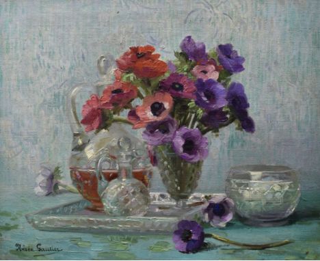 JANE NEREE-GAUTIER (French 1877 - 1948) oil on canvas- cut-flowers in a glass vase with decanter, signed, 45 x 54cms