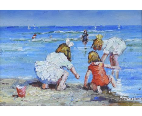 HAMILTON oil on board - beach scene with children playing on the shore, signed, 11 x 16cms