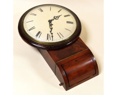 A VICTORIAN SINGLE FUSEE WALL CLOCK in mahogany with convex enamel dial and convex glass cover, bearing Roman numerals, 64cms