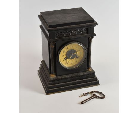 A VICTORIAN SLATE MANTEL CLOCK of classical architectural form with French movement marked A D Mougin and dial marked with Ed