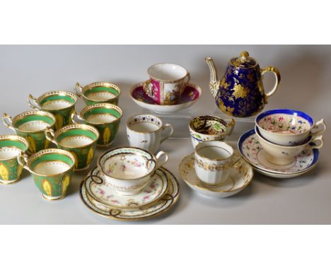 A PARCEL OF MIXED ANTIQUE TEAWARE mainly cups and saucers and including a Wedgwood trio, Augustus Rex cup and saucer (damage 