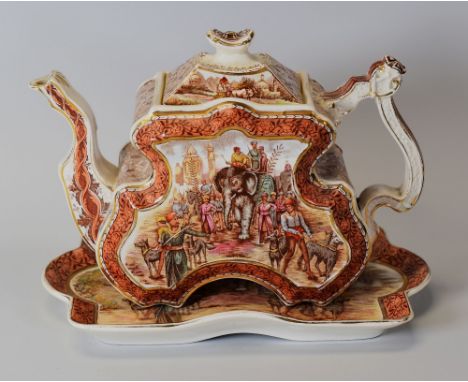 A RARE BURGESS & LEIGH TEAPOT & STAND of elaborate aesthetic form and decorated with Indian Empire scenes with elephant rider