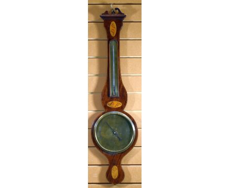 A BRASS DIAL ANEROID BAROMETER in Sheraton style mahogany case, inscribed P Cassal, Glasgow, 96cms high (damage to finial)