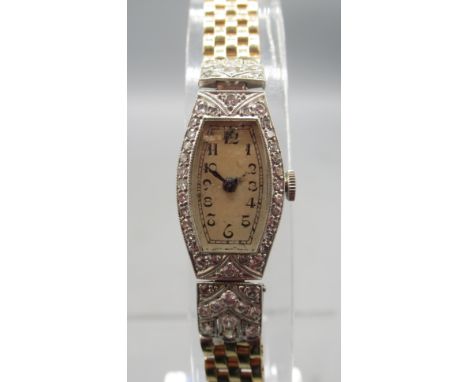 Longines ladies Art Deco platinum and diamond cocktail wristwatch on block link 9ct gold bracelet stamped .375, two tone silv