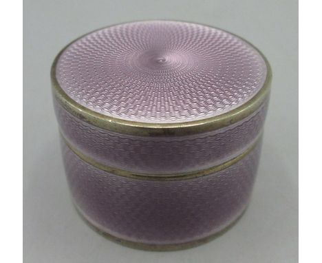 Edwardian silver lilac guilloche enamel cylindrical box, lifting cover with gilt interior by Asprey & co Ltd, London 1910, H2