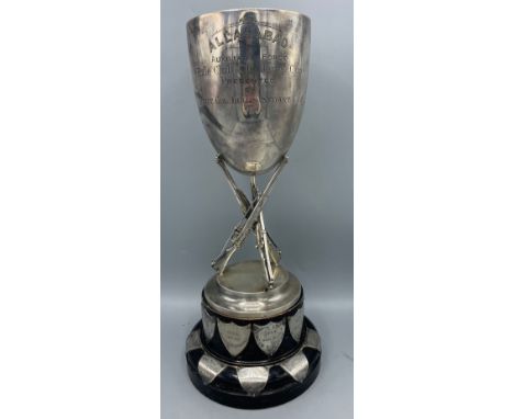 Art Deco silver shooting trophy, cup engraved 'ALLAHABAD Auxiliary Force, Rifle Club Challenge Cup, Presented by, Lieut. Col.