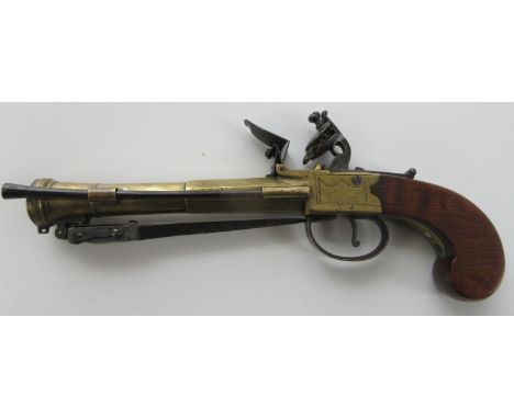 Brass barrel and action flintlock blunderbuss coaching pistol by Griffin, London, 7.5" first stage octagonal cannon barrel wi