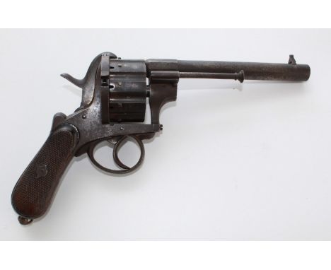 19th century twelve shot pinfire revolver, approx. .44 cal, 6.25" barrel, fixed fore sight, proof marked with two peace grips
