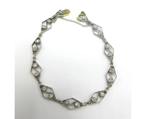 C1920s platinum diamond set lozenge link bracelet, with box closure and safety chain, approx. L18.5cm, 12.63g in fitted Aspre