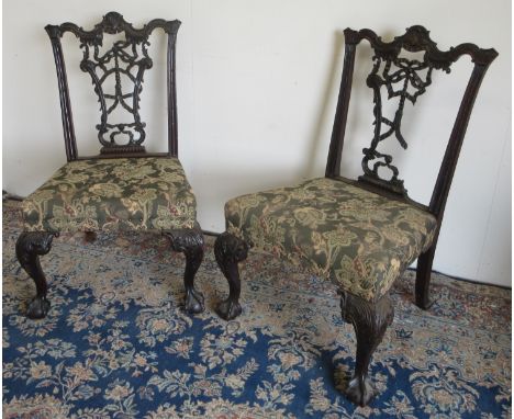 Constable Burton Hall - pair of Victorian Chippendale Revival mahogany dining chairs, ribbon tied splats and stuffed over sea
